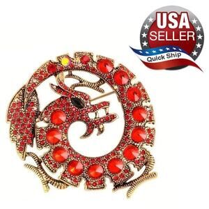 Red Circle Dragon Brooch Pendant • Inverted & AB Rhinestones • Gold Tone